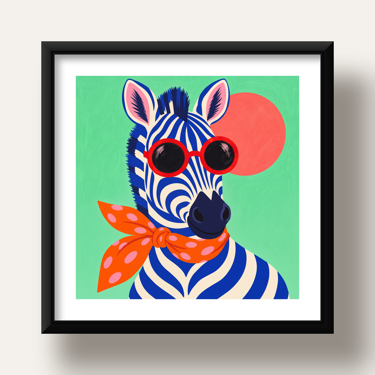 Renkli Zebra İllüstrasyonu Poster – Modern Sanat Baskısı — siyah derin çerçeveli paspartulu