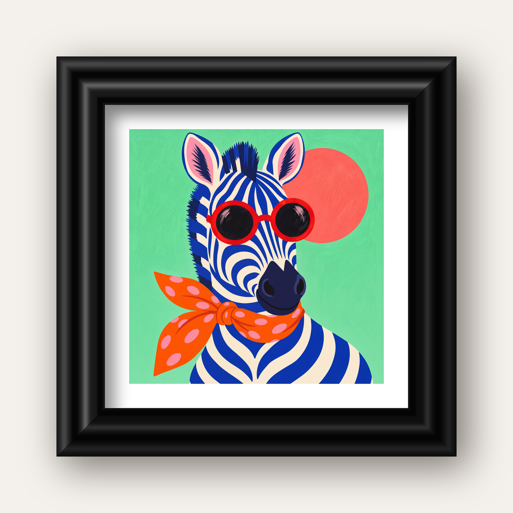 Renkli Zebra İllüstrasyonu Poster – Modern Sanat Baskısı — siyah galeri çerçeveli paspartulu