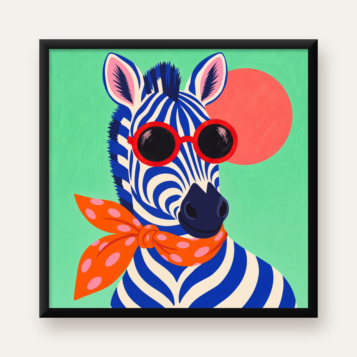 Renkli Zebra İllüstrasyonu Poster – Modern Sanat Baskısı — Kare baskı, düz siyah çerçeveli duvar posteri
