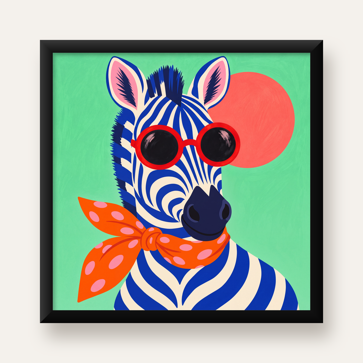 Renkli Zebra İllüstrasyonu Poster – Modern Sanat Baskısı — Kare baskı, düz siyah çerçeveli duvar posteri