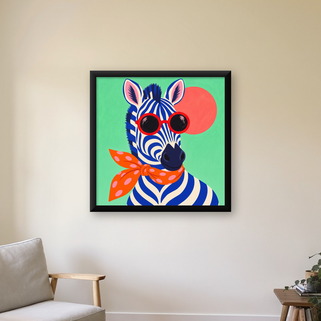 Renkli Zebra İllüstrasyonu Poster – Modern Sanat Baskısı — Kare baskı, çerçeveli hâliyle bir ev duvarında