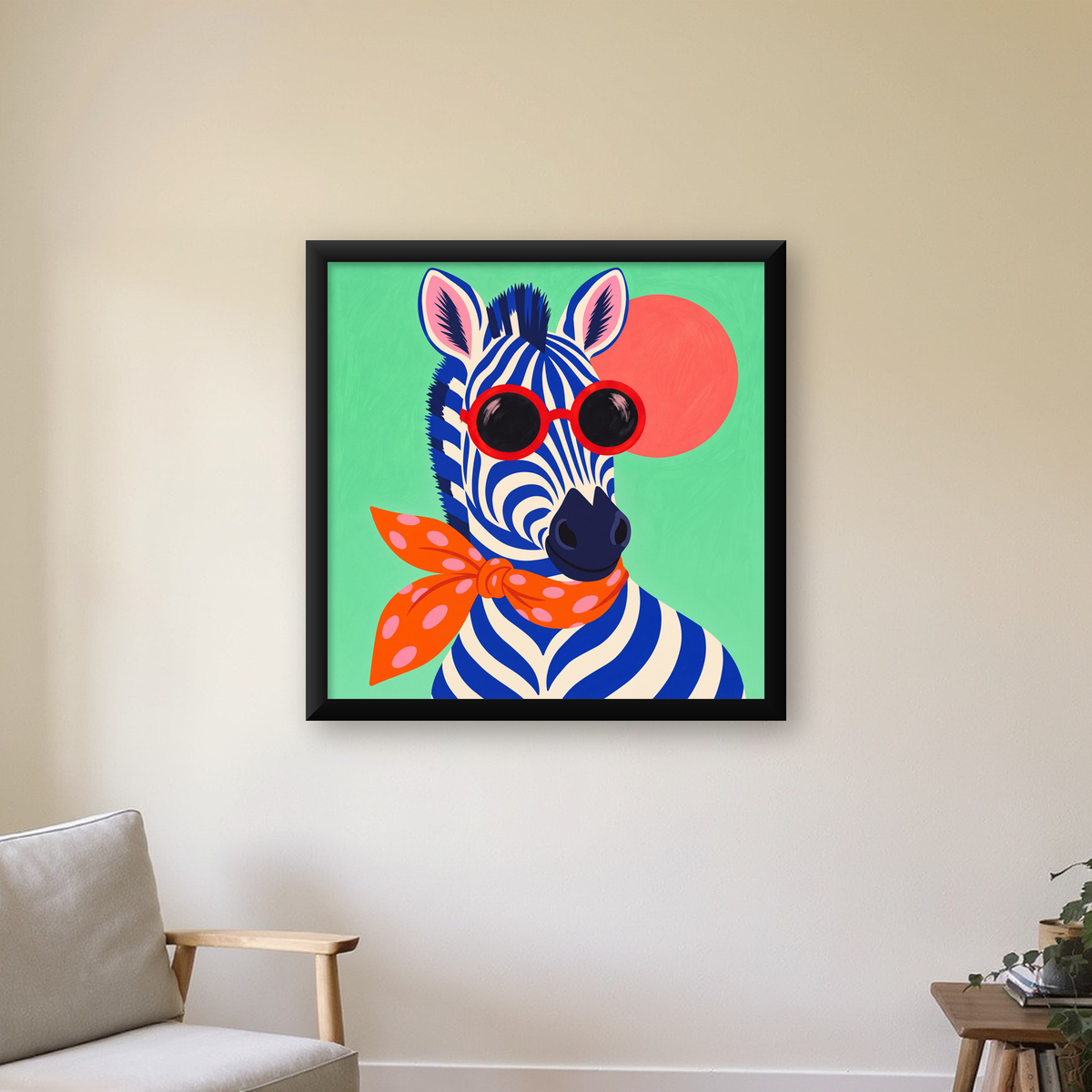 Renkli Zebra İllüstrasyonu Poster – Modern Sanat Baskısı — Kare baskı, çerçeveli hâliyle bir ev duvarında