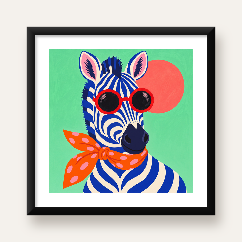 Renkli Zebra İllüstrasyonu Poster – Modern Sanat Baskısı — Kare baskı, beyaz paspartulu
