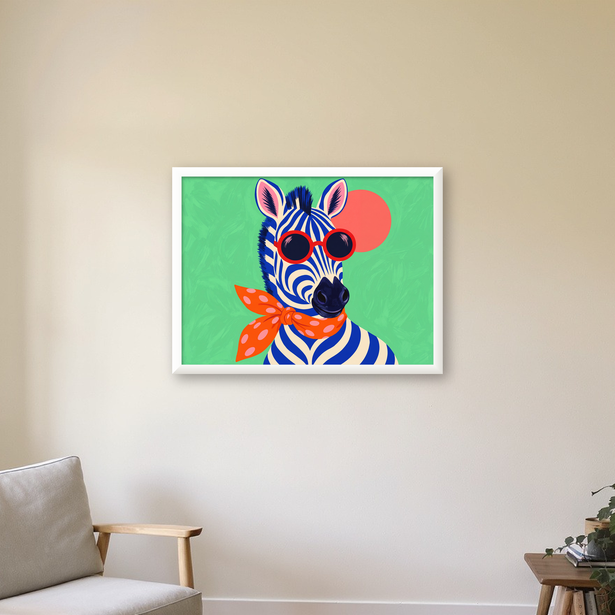 Renkli Zebra İllüstrasyonu Poster – Modern Sanat Baskısı — beyaz çerçeveli yatay poster