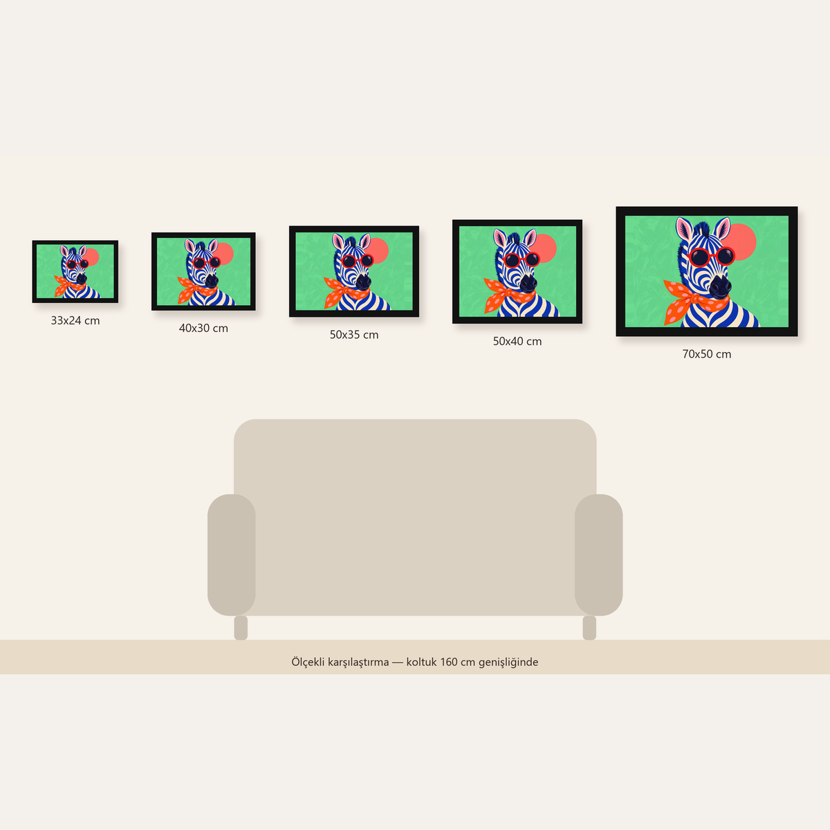 Renkli Zebra İllüstrasyonu Poster – Modern Sanat Baskısı — Yatay ölçülerinin karşılaştırması