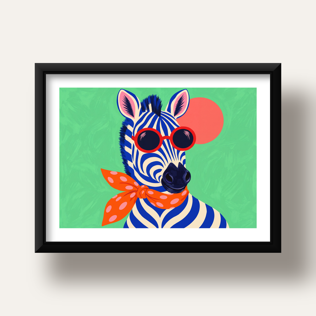 Renkli Zebra İllüstrasyonu Poster – Modern Sanat Baskısı — siyah derin çerçeveli paspartulu