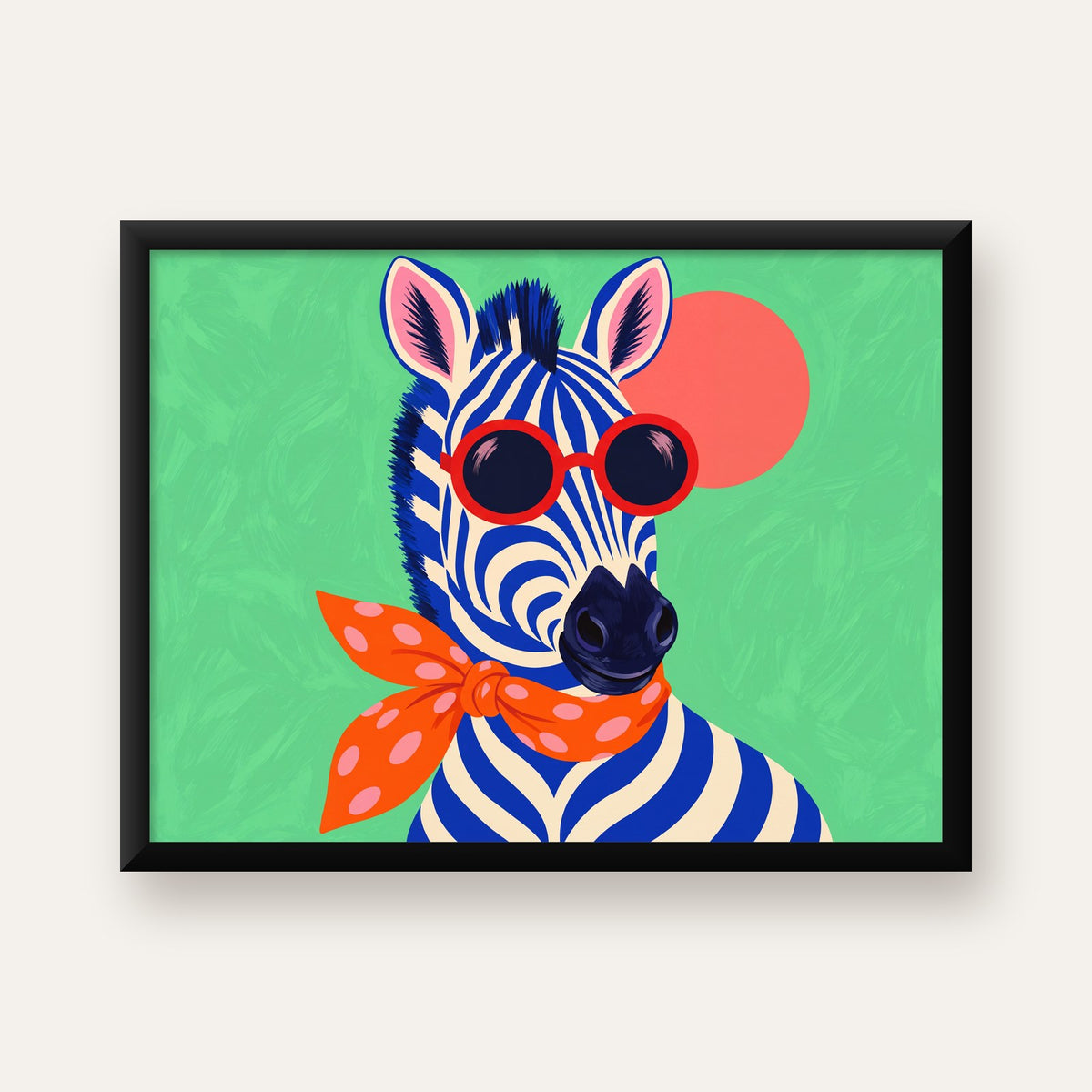 Renkli Zebra İllüstrasyonu Poster – Modern Sanat Baskısı — Yatay baskı, düz siyah çerçeveli duvar posteri