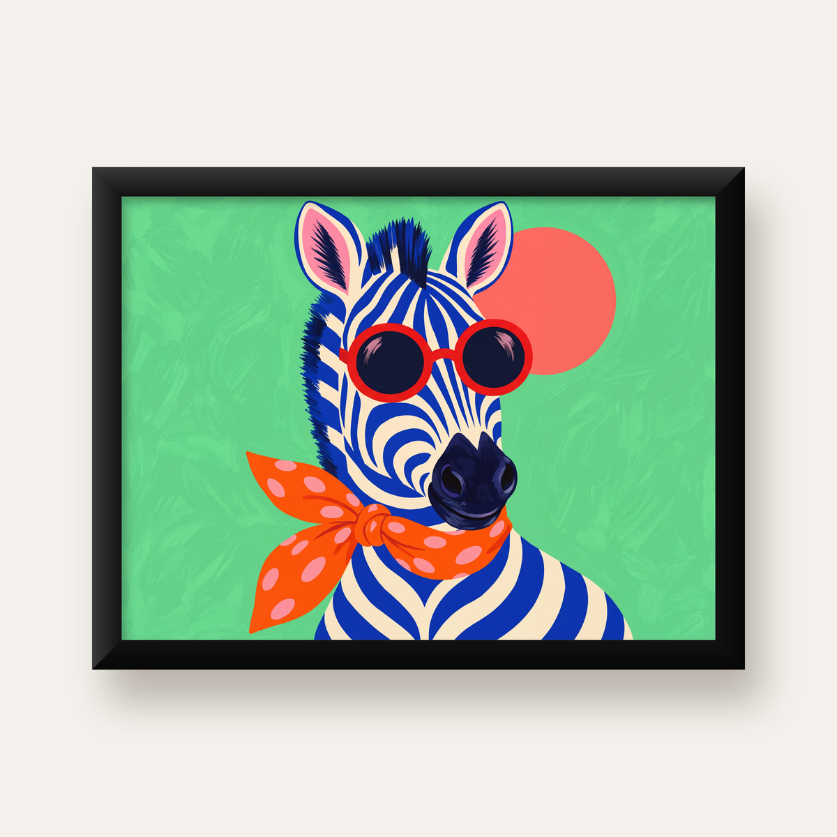 Renkli Zebra İllüstrasyonu Poster – Modern Sanat Baskısı — Yatay baskı, düz siyah çerçeveli duvar posteri