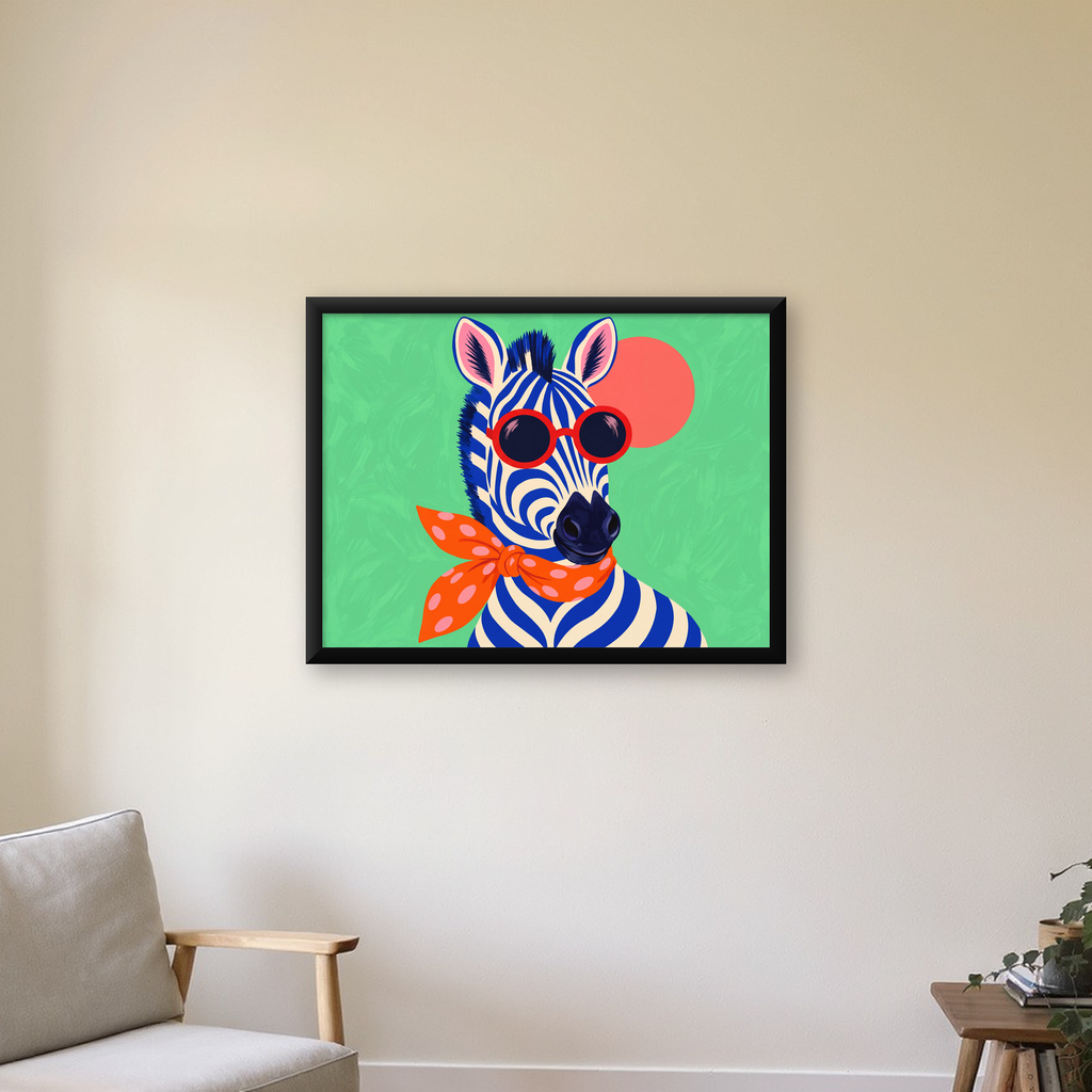 Renkli Zebra İllüstrasyonu Poster – Modern Sanat Baskısı — Yatay baskı, çerçeveli hâliyle bir ev duvarında