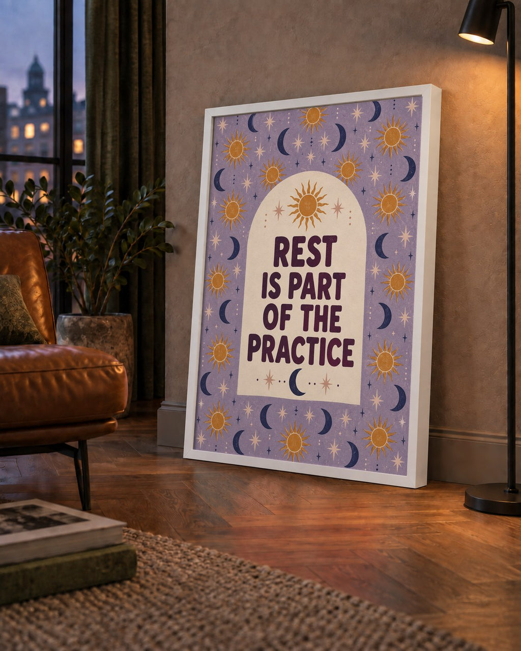 Rest Is Part of the Practice Güneş ve Ay Yoga Poster — çerçeveli hâliyle bir ev duvarında