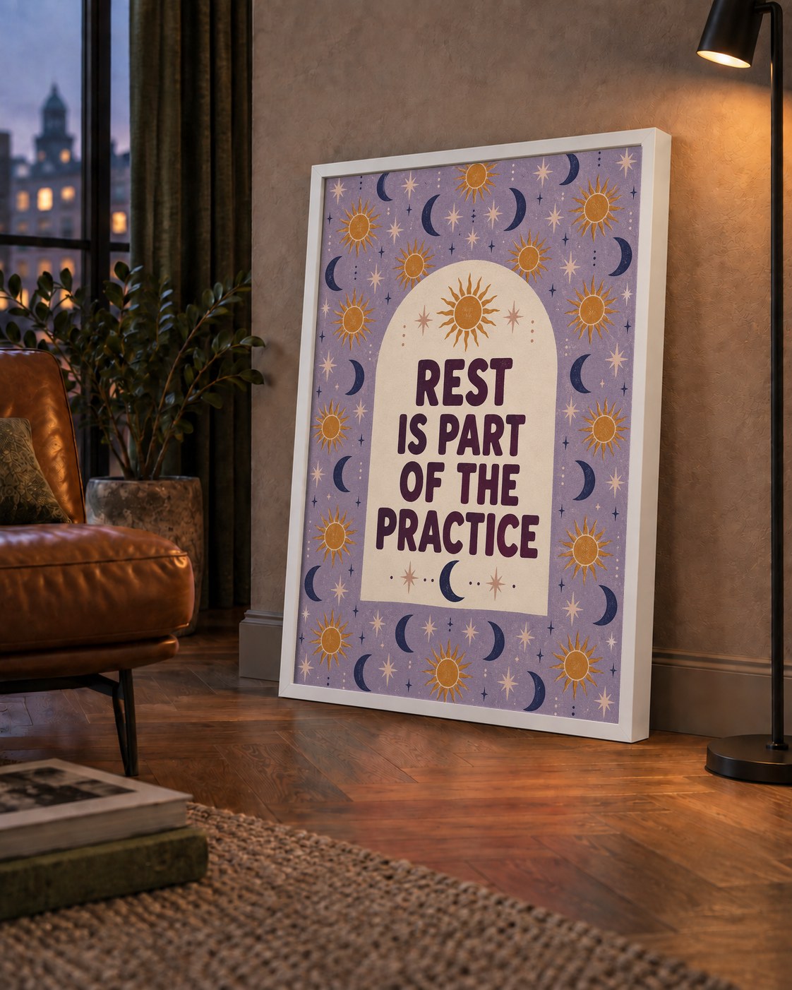 Rest Is Part of the Practice Güneş ve Ay Yoga Poster — çerçeveli hâliyle bir ev duvarında