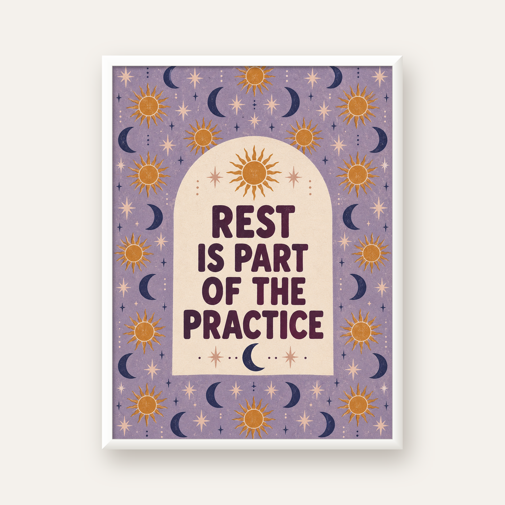 Rest Is Part of the Practice Güneş ve Ay Yoga Poster — beyaz çerçeveli dikey poster
