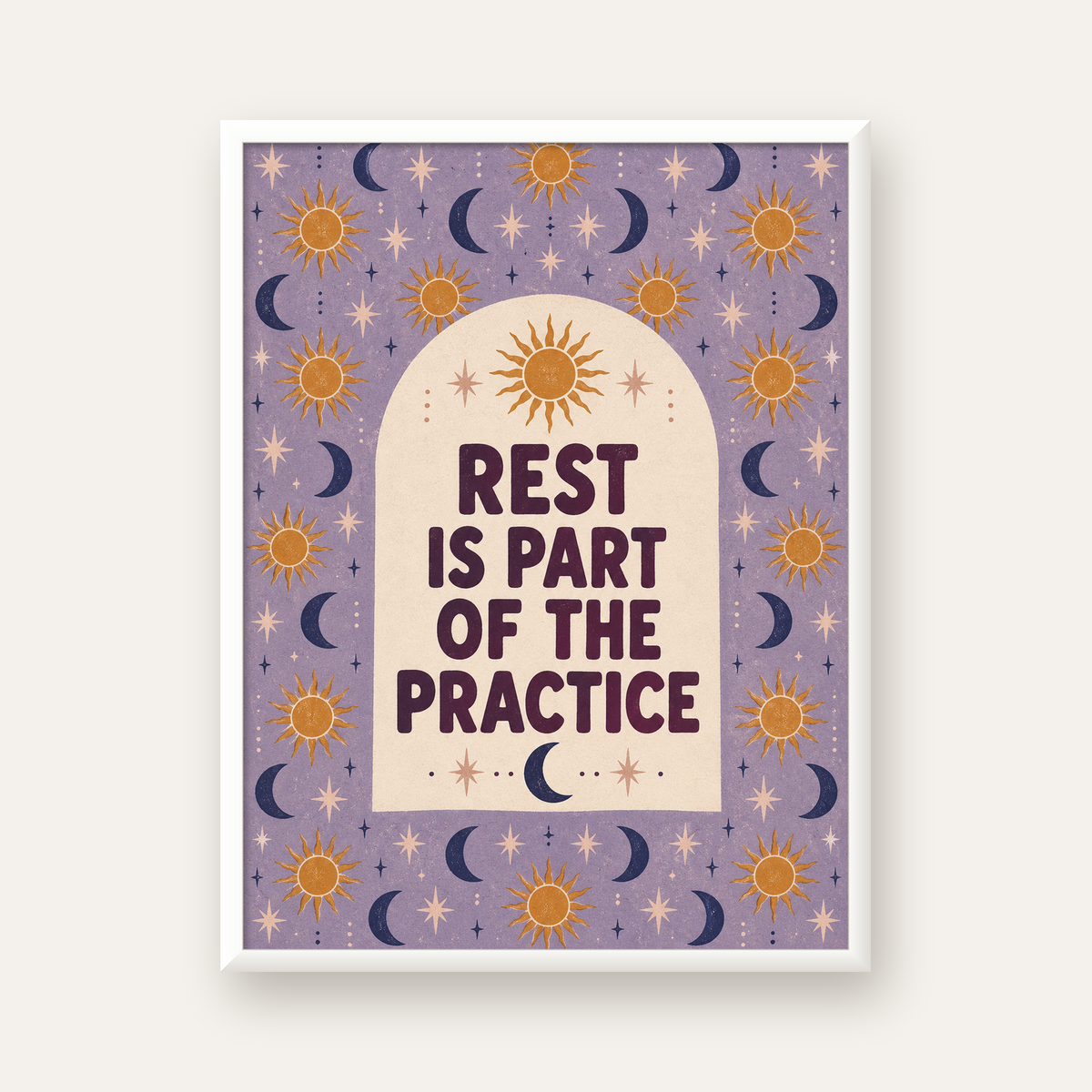 Rest Is Part of the Practice Güneş ve Ay Yoga Poster — beyaz çerçeveli dikey poster