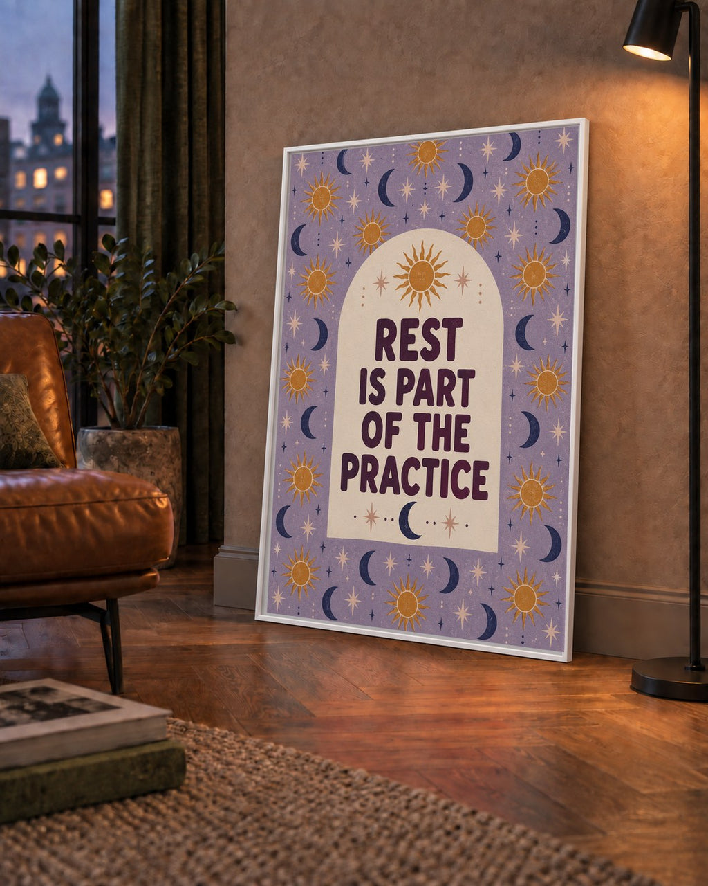 Rest Is Part of the Practice Güneş ve Ay Yoga Poster — çerçeveli hâliyle bir ev duvarında