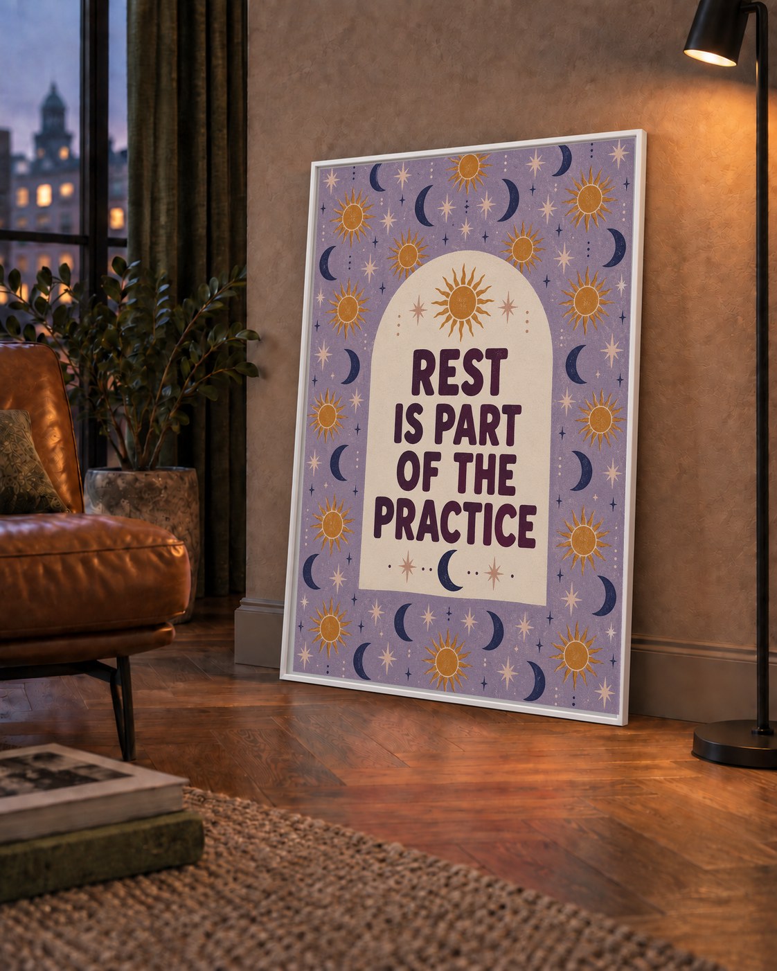 Rest Is Part of the Practice Güneş ve Ay Yoga Poster — çerçeveli hâliyle bir ev duvarında