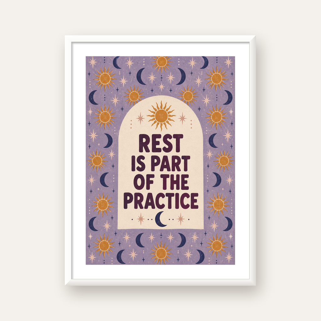 Rest Is Part of the Practice Güneş ve Ay Yoga Poster — beyaz çerçeveli dikey poster