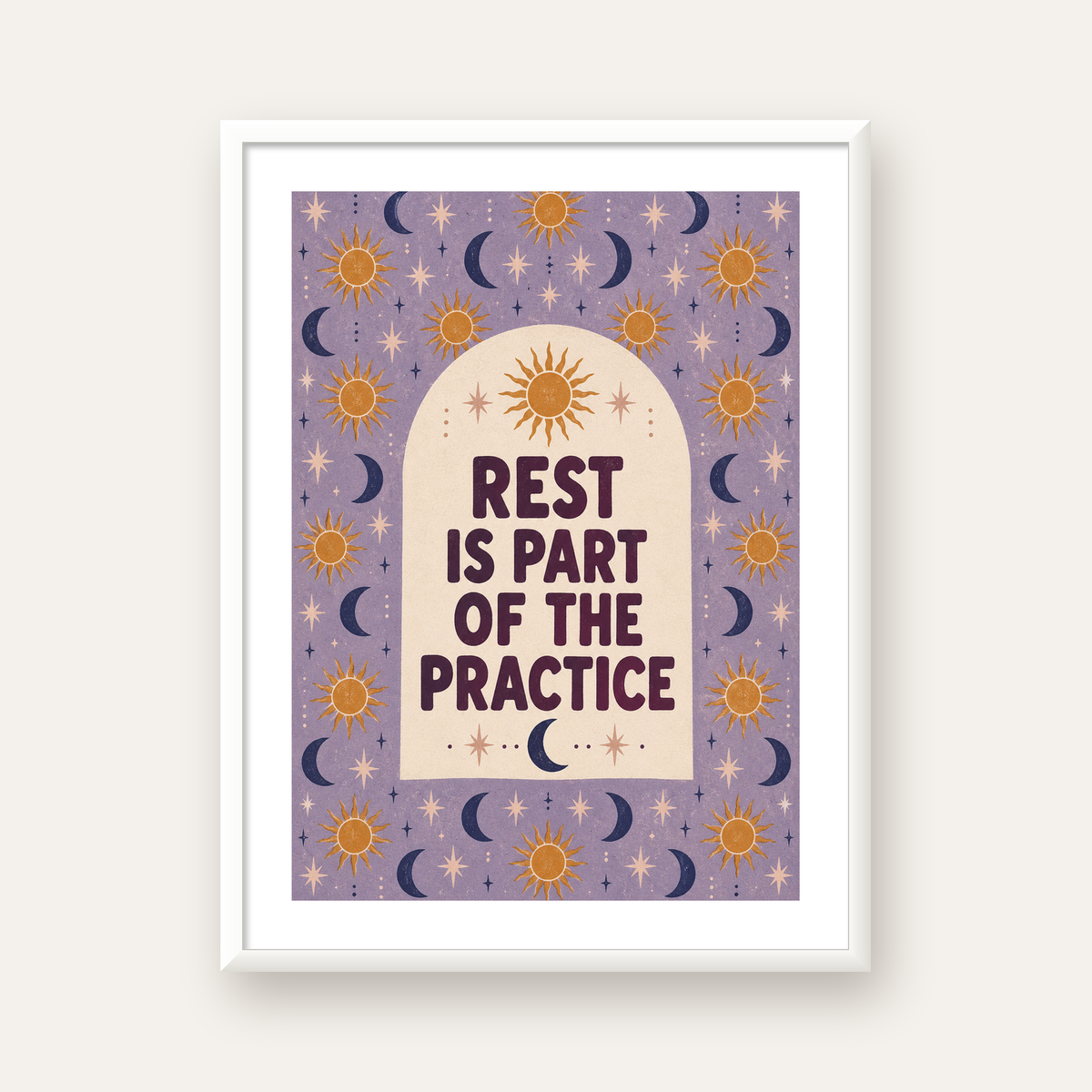 Rest Is Part of the Practice Güneş ve Ay Yoga Poster — beyaz çerçeveli dikey poster