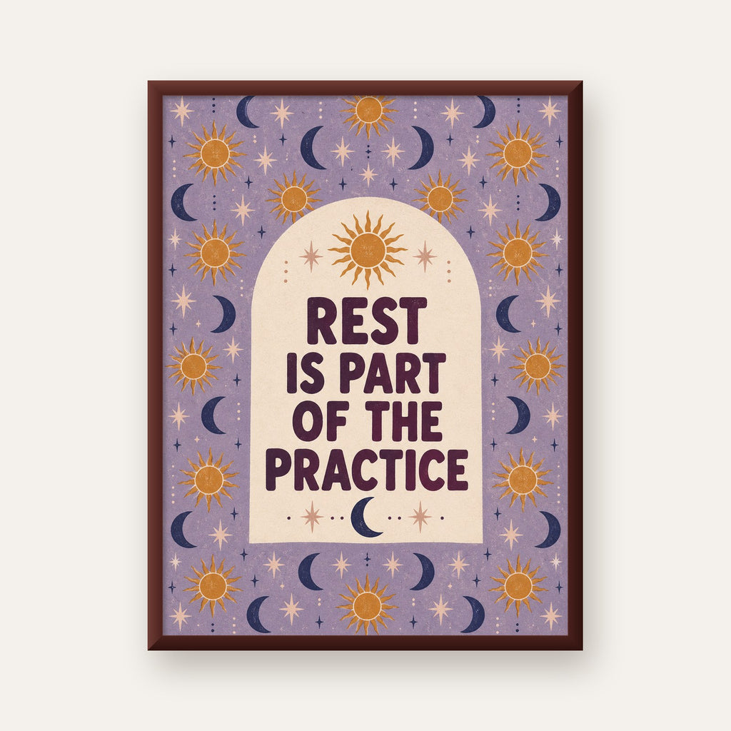 Rest Is Part of the Practice Güneş ve Ay Yoga Poster — ceviz çerçeveli