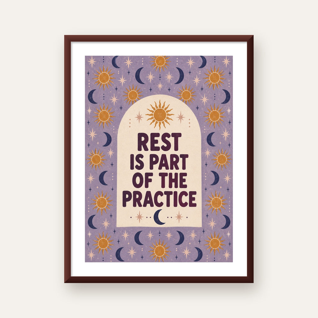 Rest Is Part of the Practice Güneş ve Ay Yoga Poster — ceviz çerçeveli paspartulu