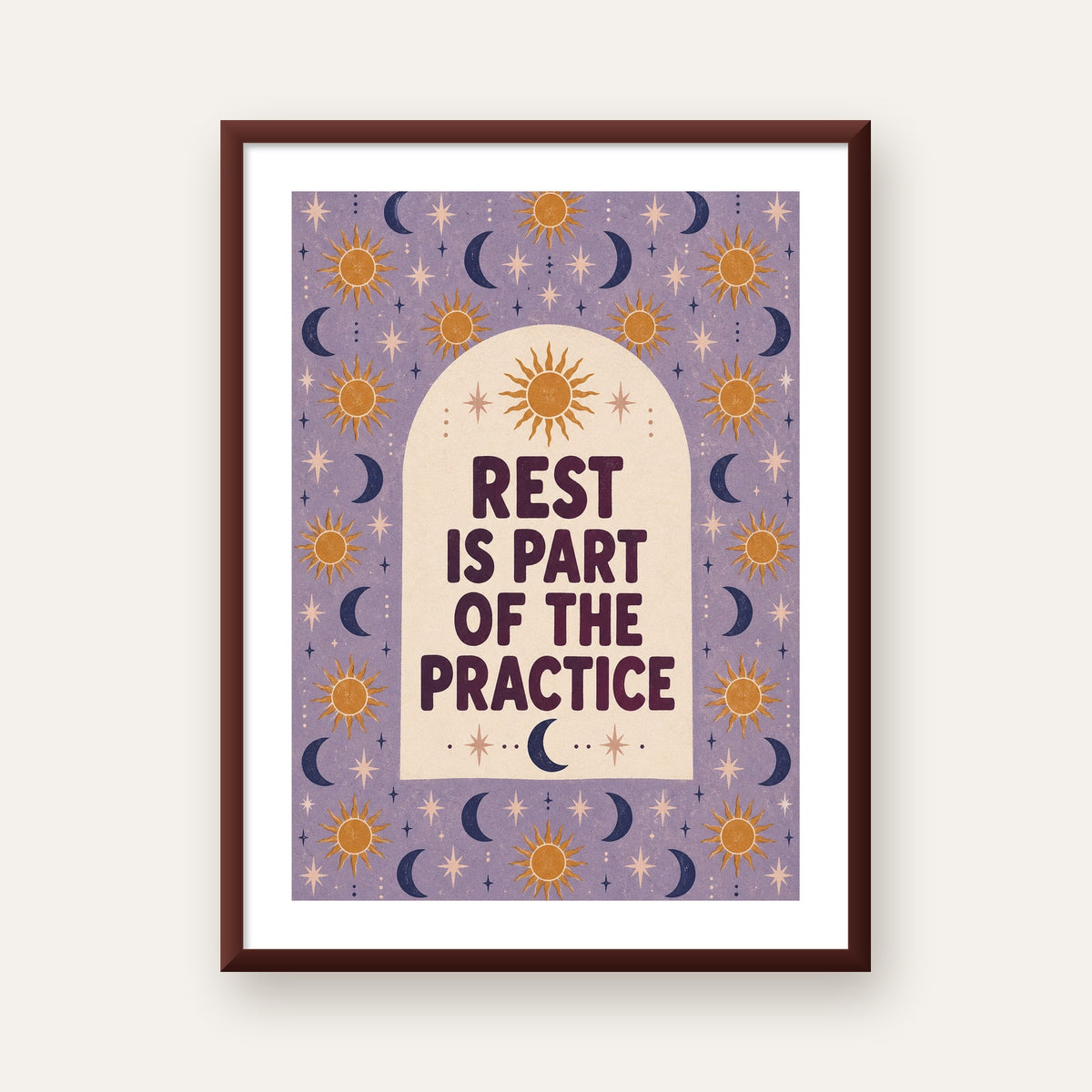 Rest Is Part of the Practice Güneş ve Ay Yoga Poster — ceviz çerçeveli paspartulu