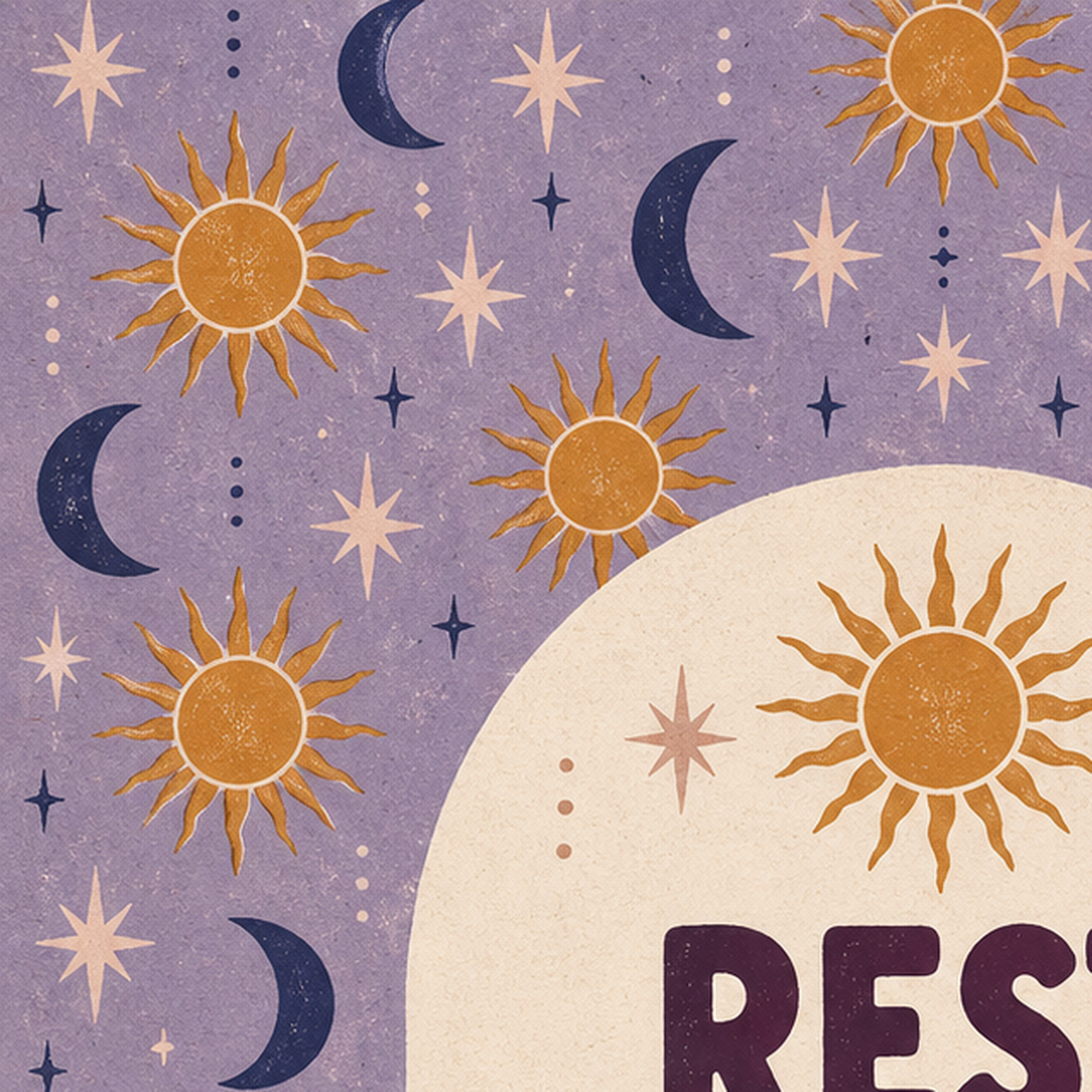 Güneş Ay Motifli Motivasyon Posteri – Rest is Part of the Practice — baskının yakın çekimi, kâğıt dokusu ve renk detayı
