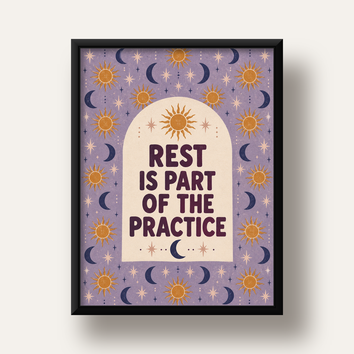 Rest Is Part of the Practice Güneş ve Ay Yoga Poster — siyah derin çerçeveli