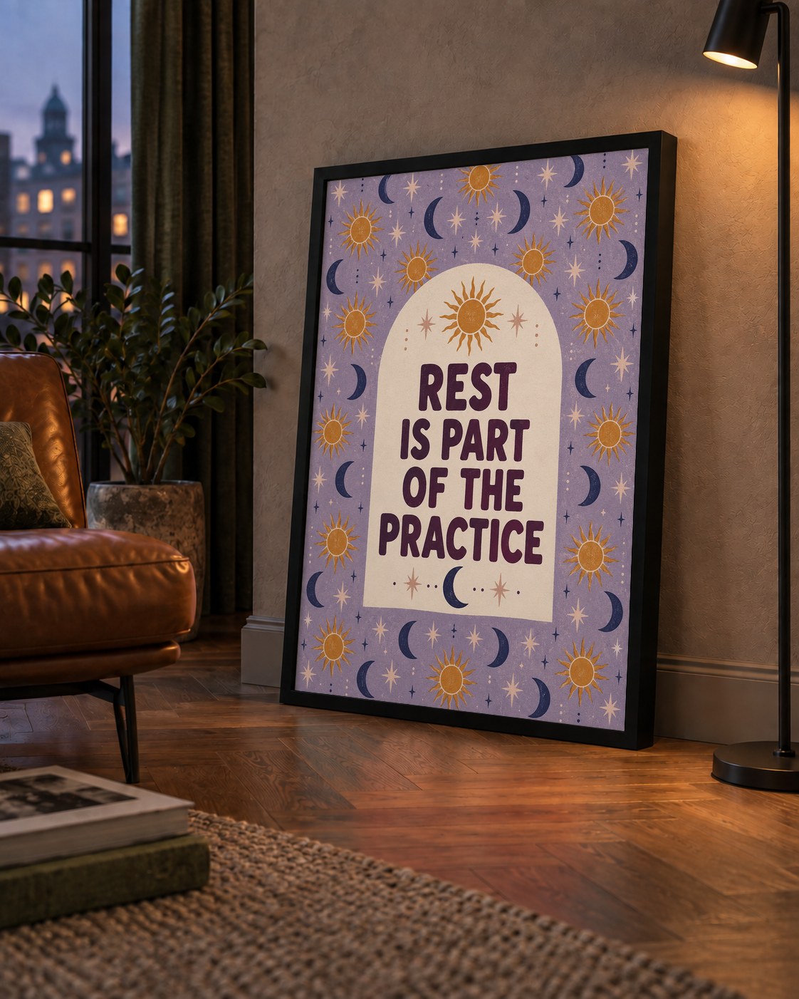 Rest Is Part of the Practice Güneş ve Ay Yoga Poster — çerçeveli hâliyle bir ev duvarında