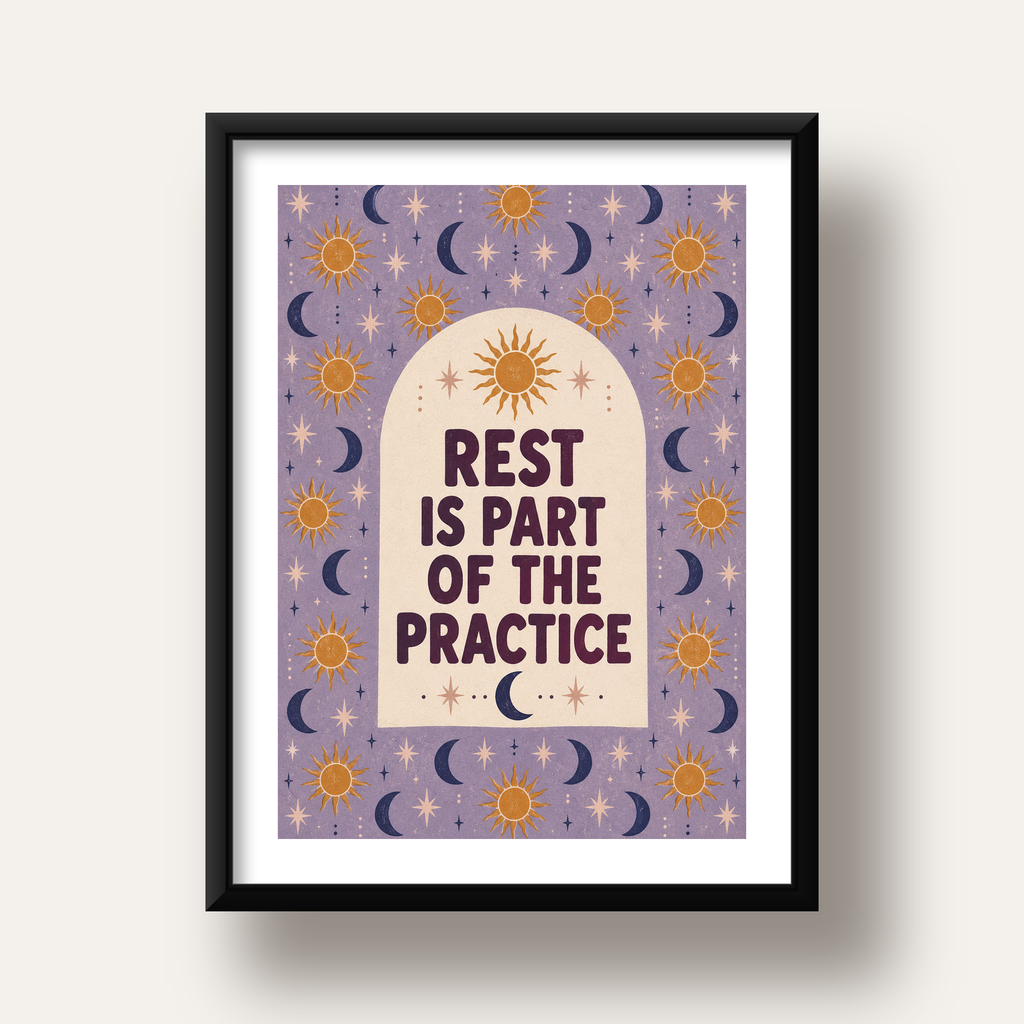 Rest Is Part of the Practice Güneş ve Ay Yoga Poster — siyah derin çerçeveli paspartulu