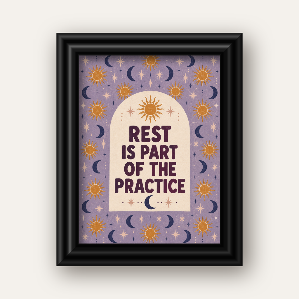 Rest Is Part of the Practice Güneş ve Ay Yoga Poster — siyah galeri çerçeveli