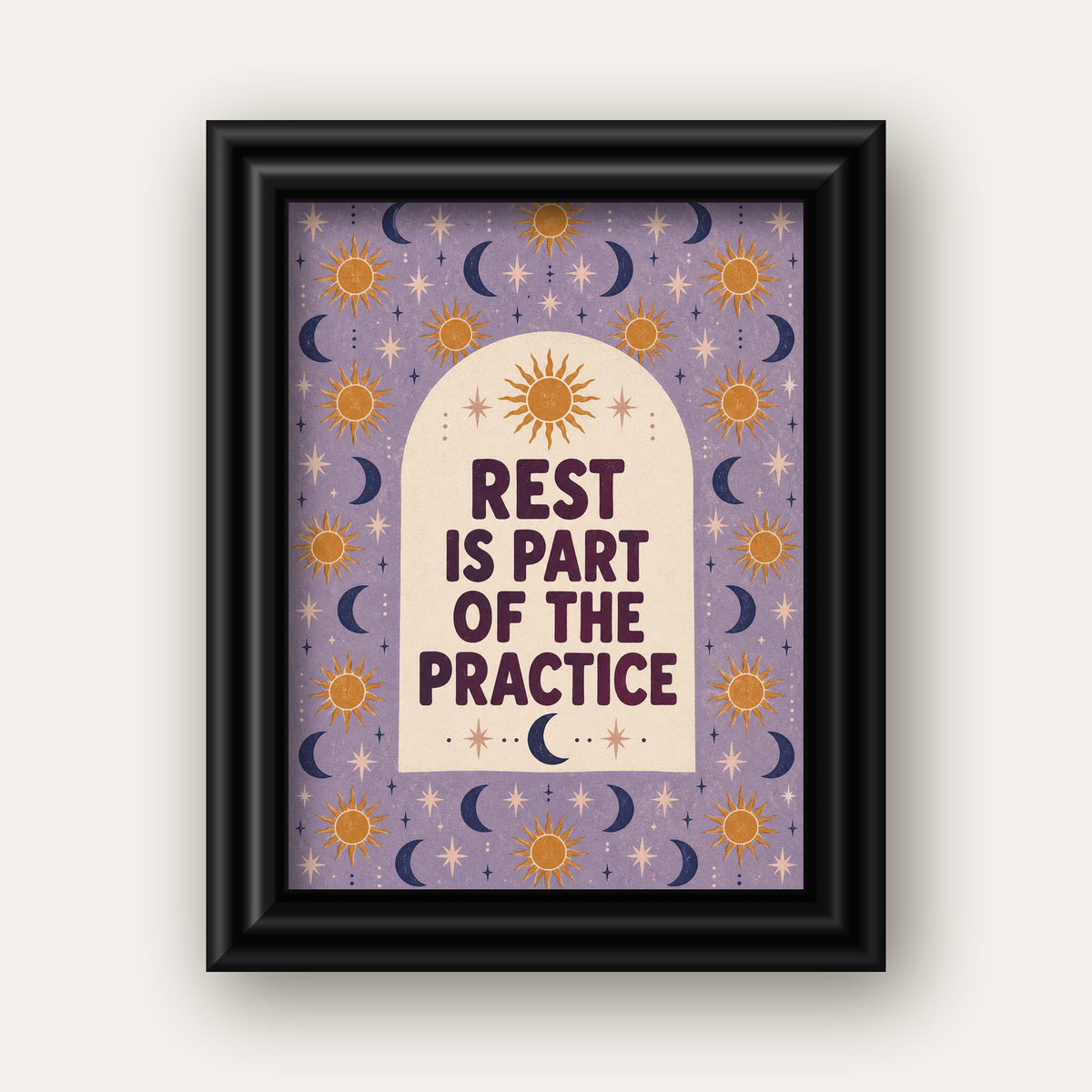 Rest Is Part of the Practice Güneş ve Ay Yoga Poster — siyah galeri çerçeveli