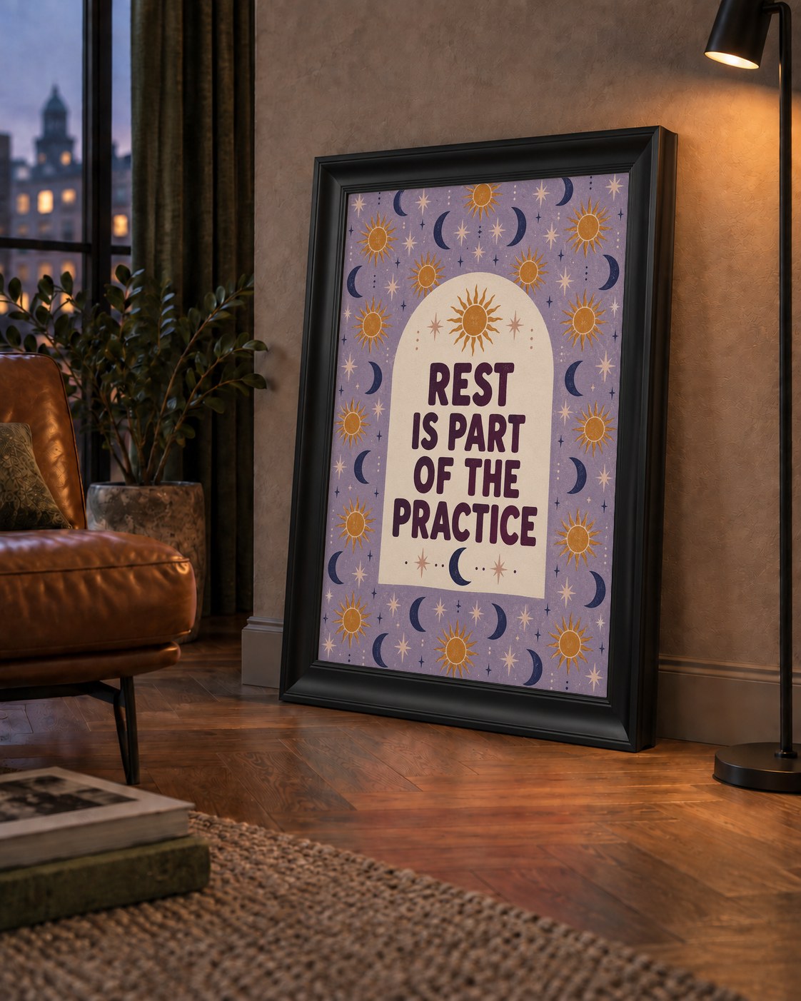 Rest Is Part of the Practice Güneş ve Ay Yoga Poster — çerçeveli hâliyle bir ev duvarında