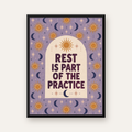 Güneş Ay Motifli Motivasyon Posteri – Rest is Part of the Practice — Dikey baskı, düz siyah çerçeveli duvar posteri
