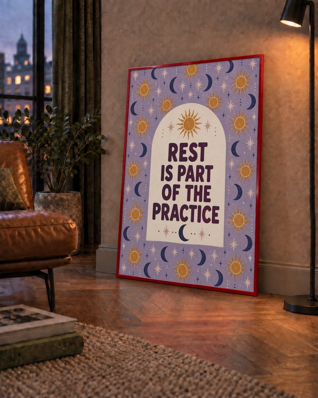 Rest Is Part of the Practice Güneş ve Ay Yoga Poster — çerçeveli hâliyle bir ev duvarında