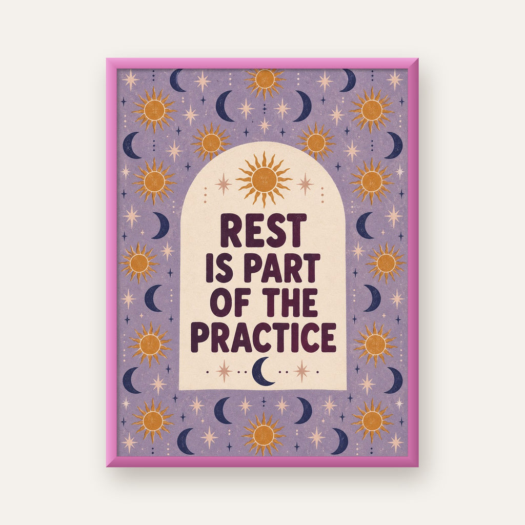 Rest Is Part of the Practice Güneş ve Ay Yoga Poster — pembe çerçeveli