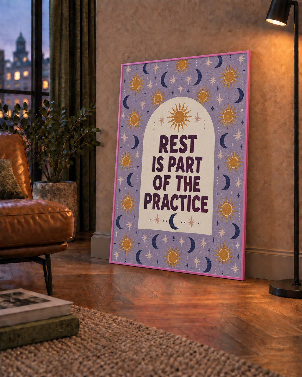 Rest Is Part of the Practice Güneş ve Ay Yoga Poster — çerçeveli hâliyle bir ev duvarında