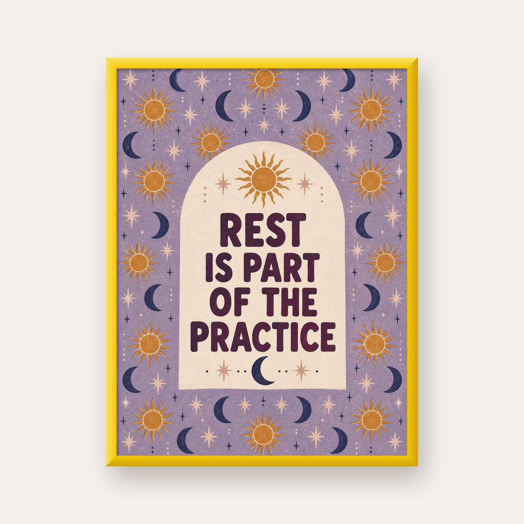 Rest Is Part of the Practice Güneş ve Ay Yoga Poster — sarı çerçeveli