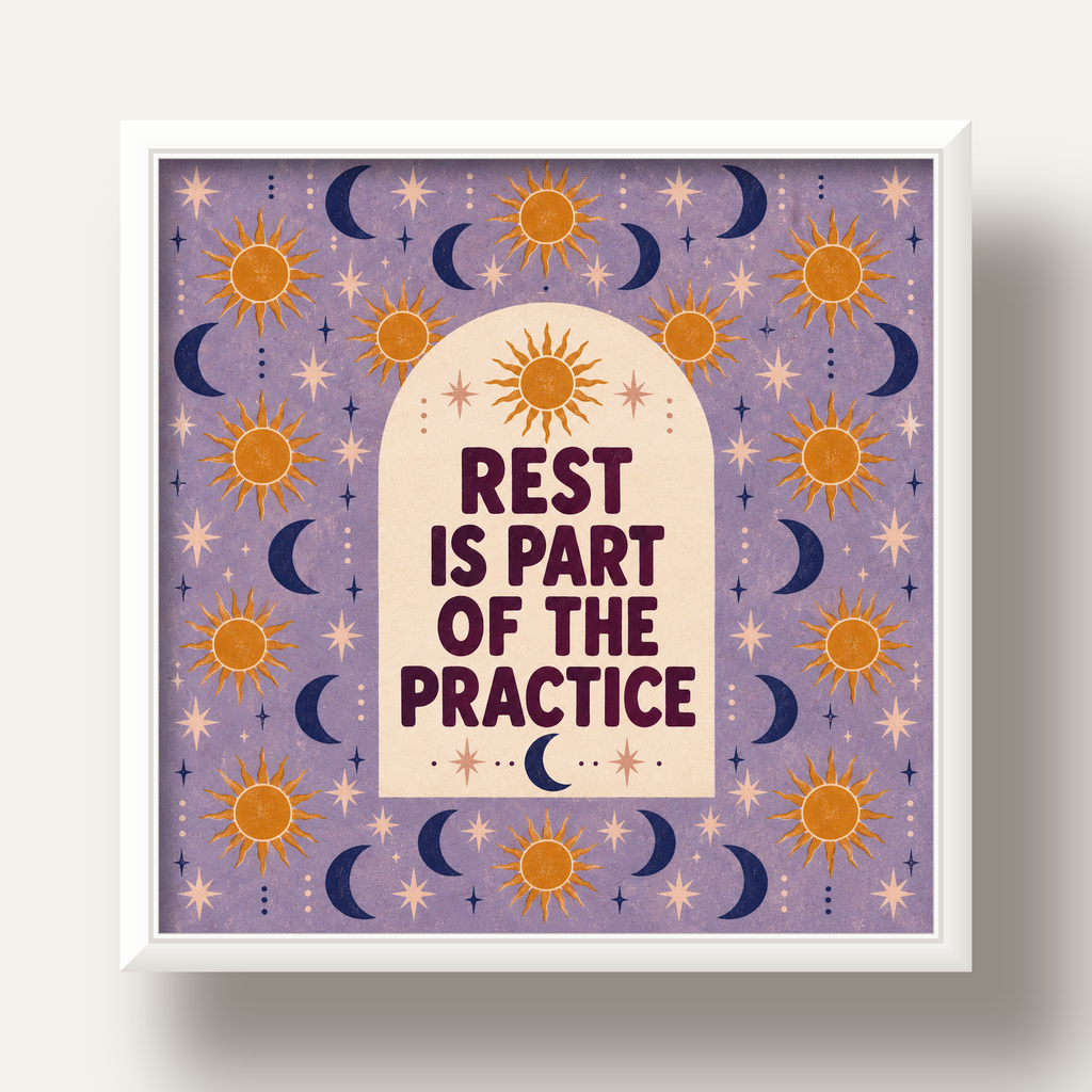 Rest Is Part of the Practice Güneş ve Ay Yoga Poster — beyaz derin çerçeveli