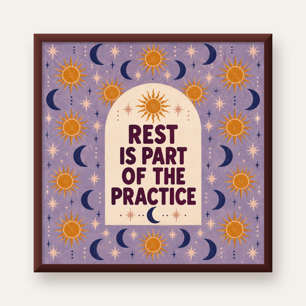Rest Is Part of the Practice Güneş ve Ay Yoga Poster — ceviz çerçeveli