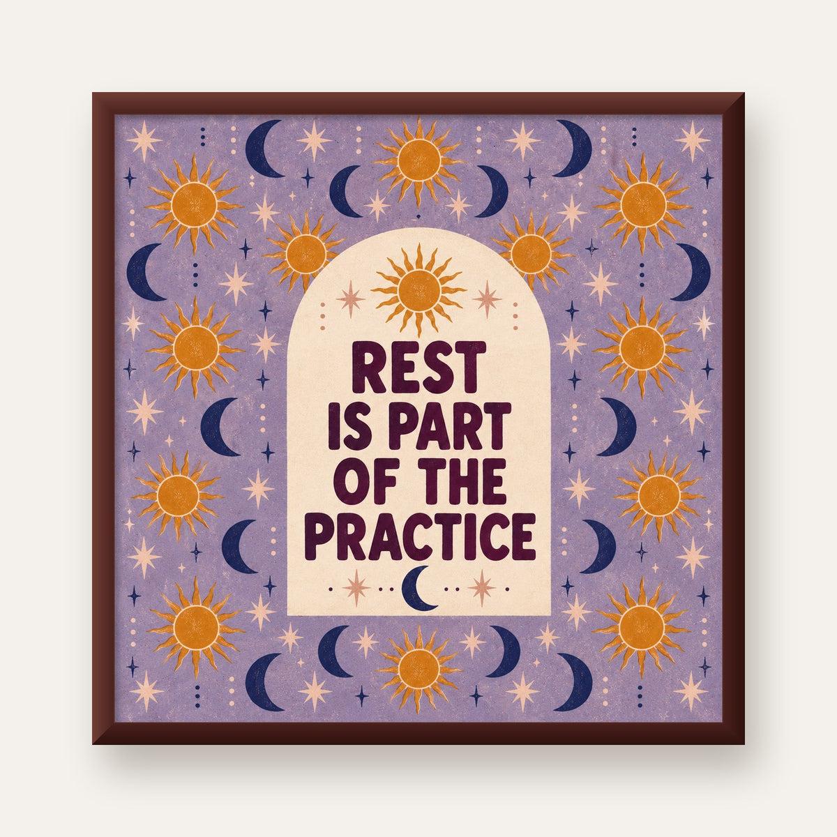 Rest Is Part of the Practice Güneş ve Ay Yoga Poster — ceviz çerçeveli