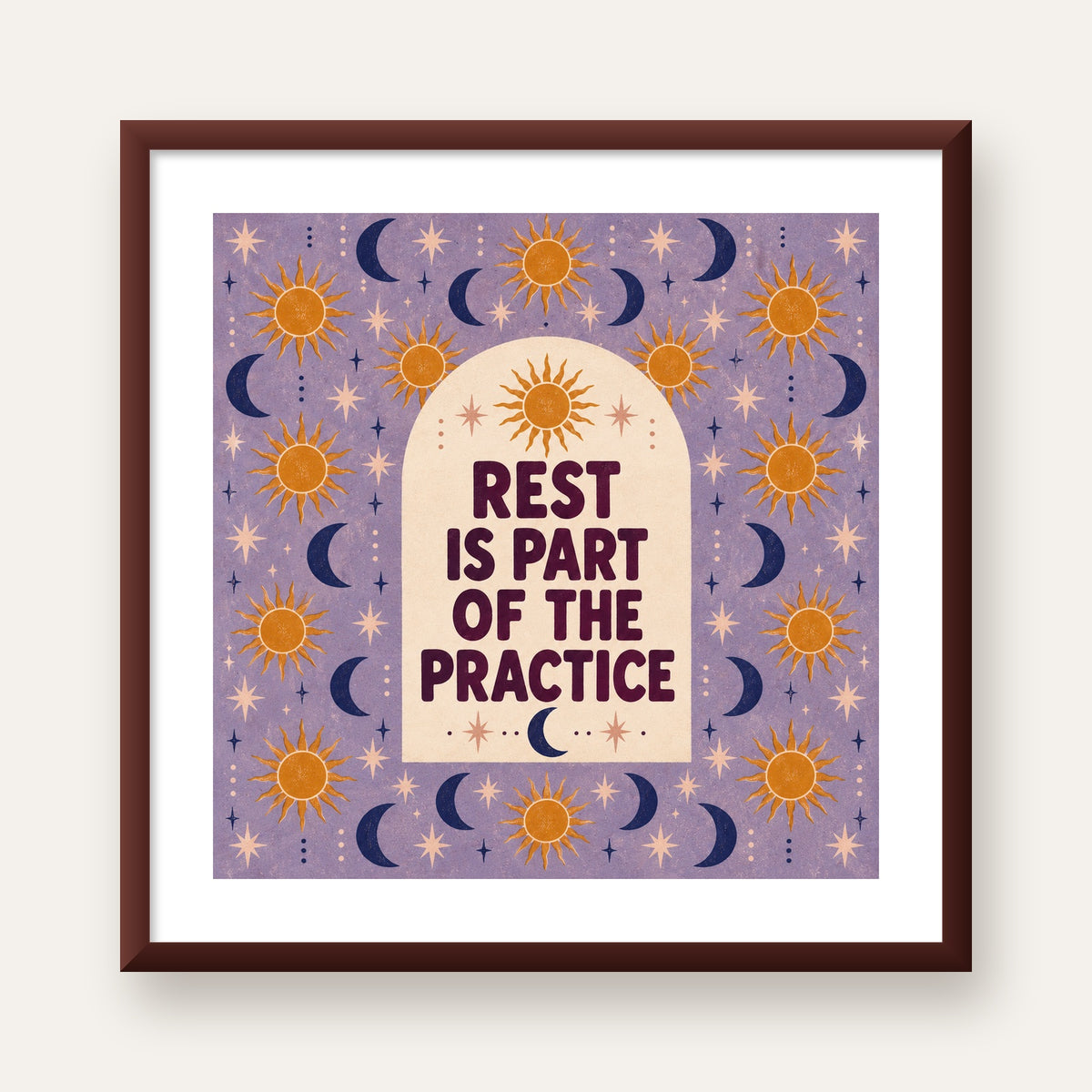 Rest Is Part of the Practice Güneş ve Ay Yoga Poster — ceviz çerçeveli paspartulu