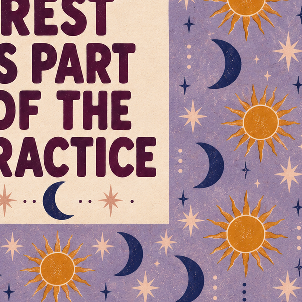Güneş Ay Motifli Motivasyon Posteri – Rest is Part of the Practice — baskının yakın çekimi, kâğıt dokusu ve renk detayı