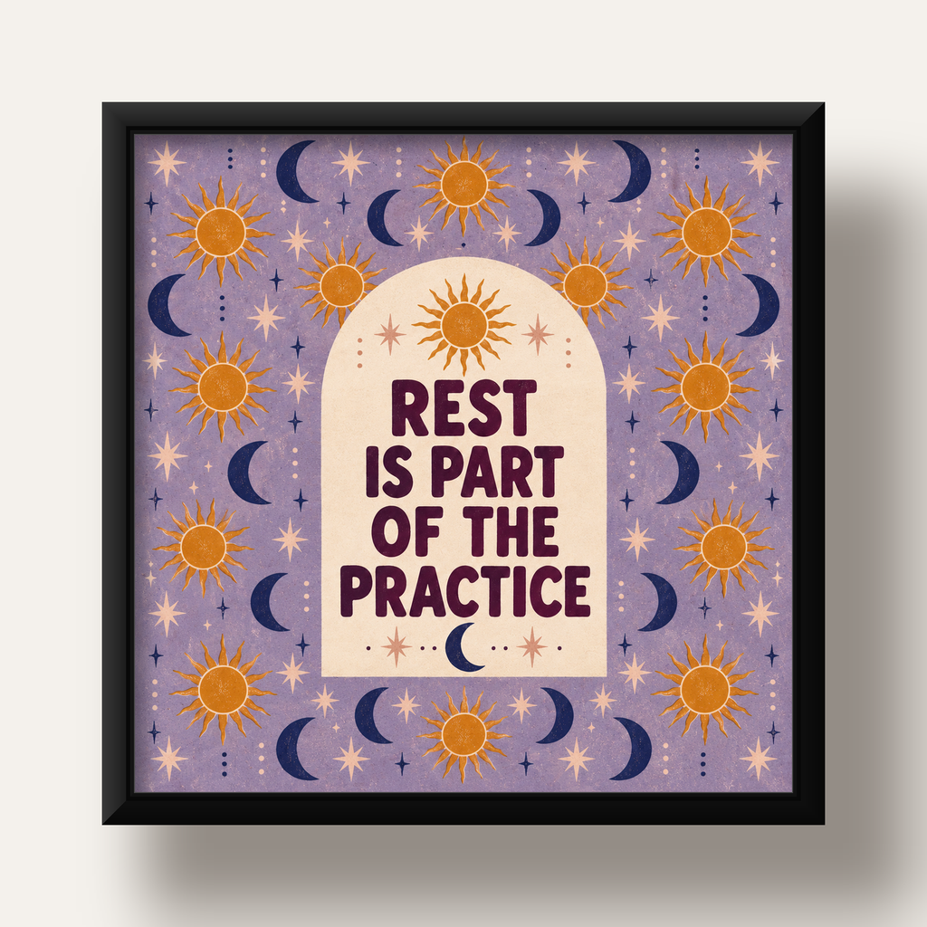 Rest Is Part of the Practice Güneş ve Ay Yoga Poster — siyah derin çerçeveli