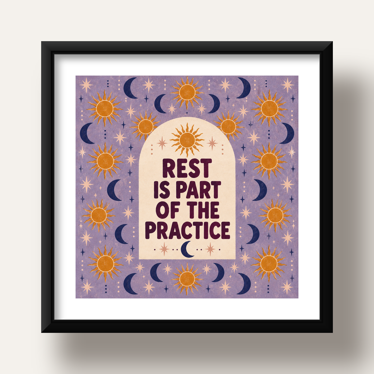Rest Is Part of the Practice Güneş ve Ay Yoga Poster — siyah derin çerçeveli paspartulu