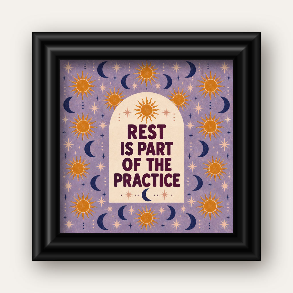 Rest Is Part of the Practice Güneş ve Ay Yoga Poster — siyah galeri çerçeveli