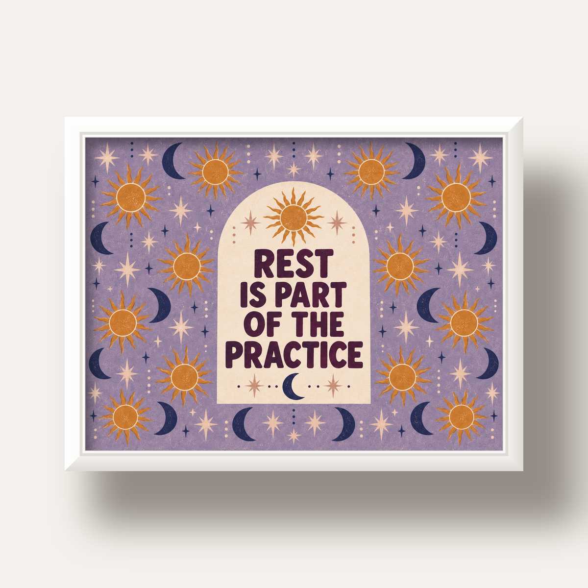 Rest Is Part of the Practice Güneş ve Ay Yoga Poster — beyaz derin çerçeveli