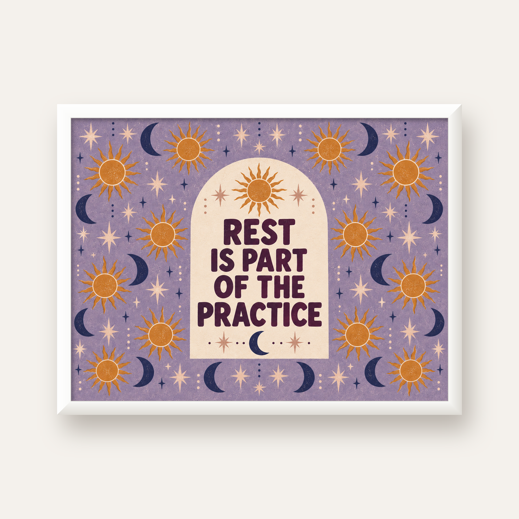 Rest Is Part of the Practice Güneş ve Ay Yoga Poster — beyaz çerçeveli yatay poster
