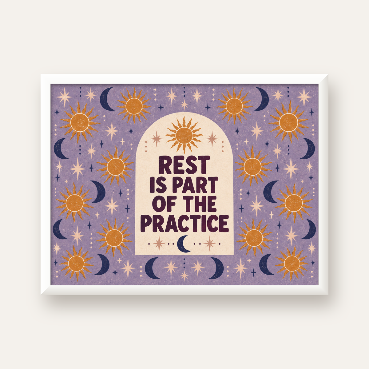 Rest Is Part of the Practice Güneş ve Ay Yoga Poster — beyaz çerçeveli yatay poster