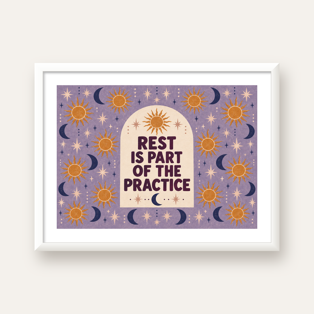 Rest Is Part of the Practice Güneş ve Ay Yoga Poster — beyaz çerçeveli yatay poster