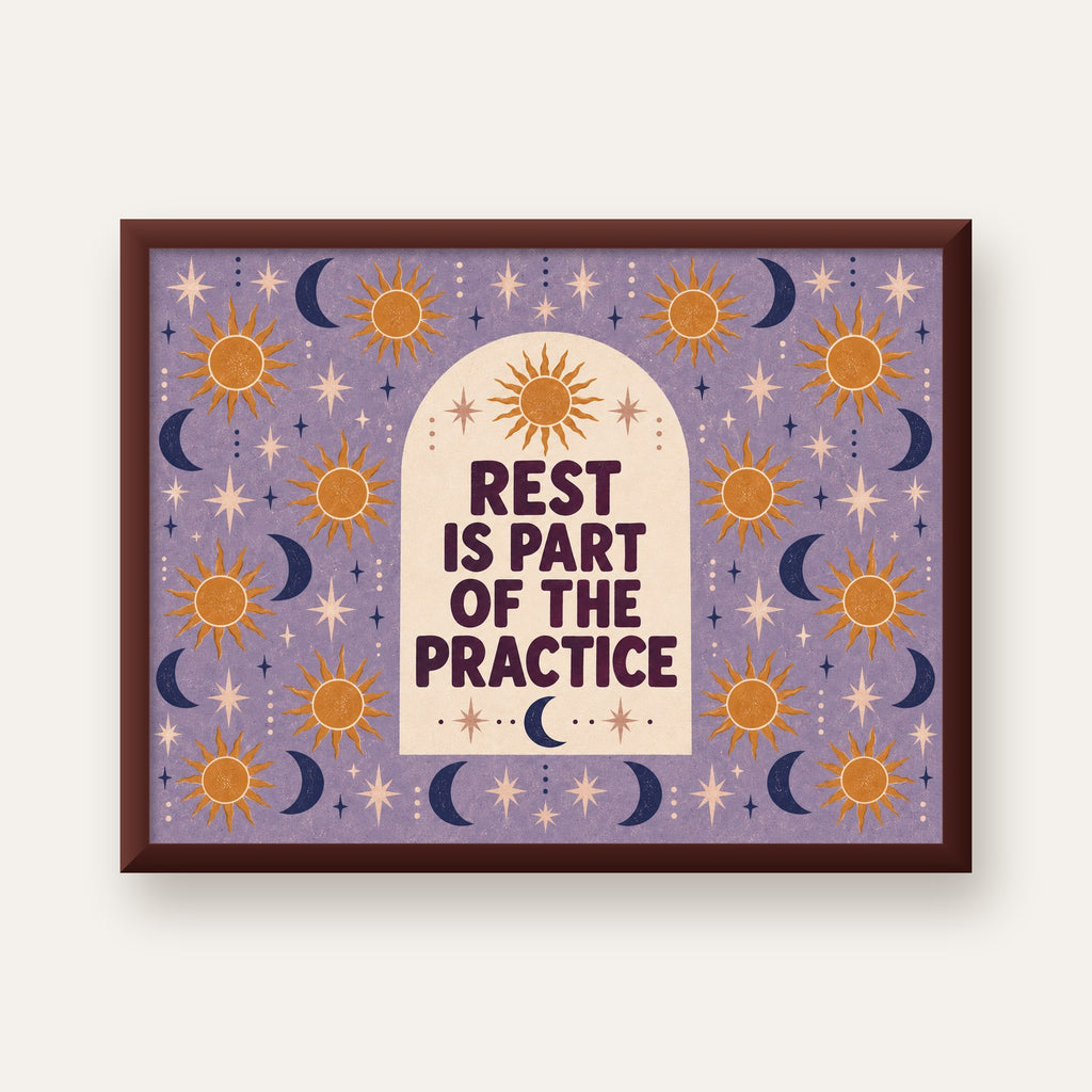 Rest Is Part of the Practice Güneş ve Ay Yoga Poster — ceviz çerçeveli