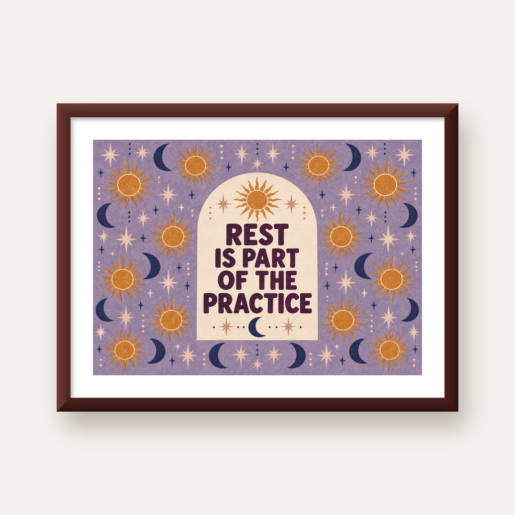 Rest Is Part of the Practice Güneş ve Ay Yoga Poster — ceviz çerçeveli paspartulu